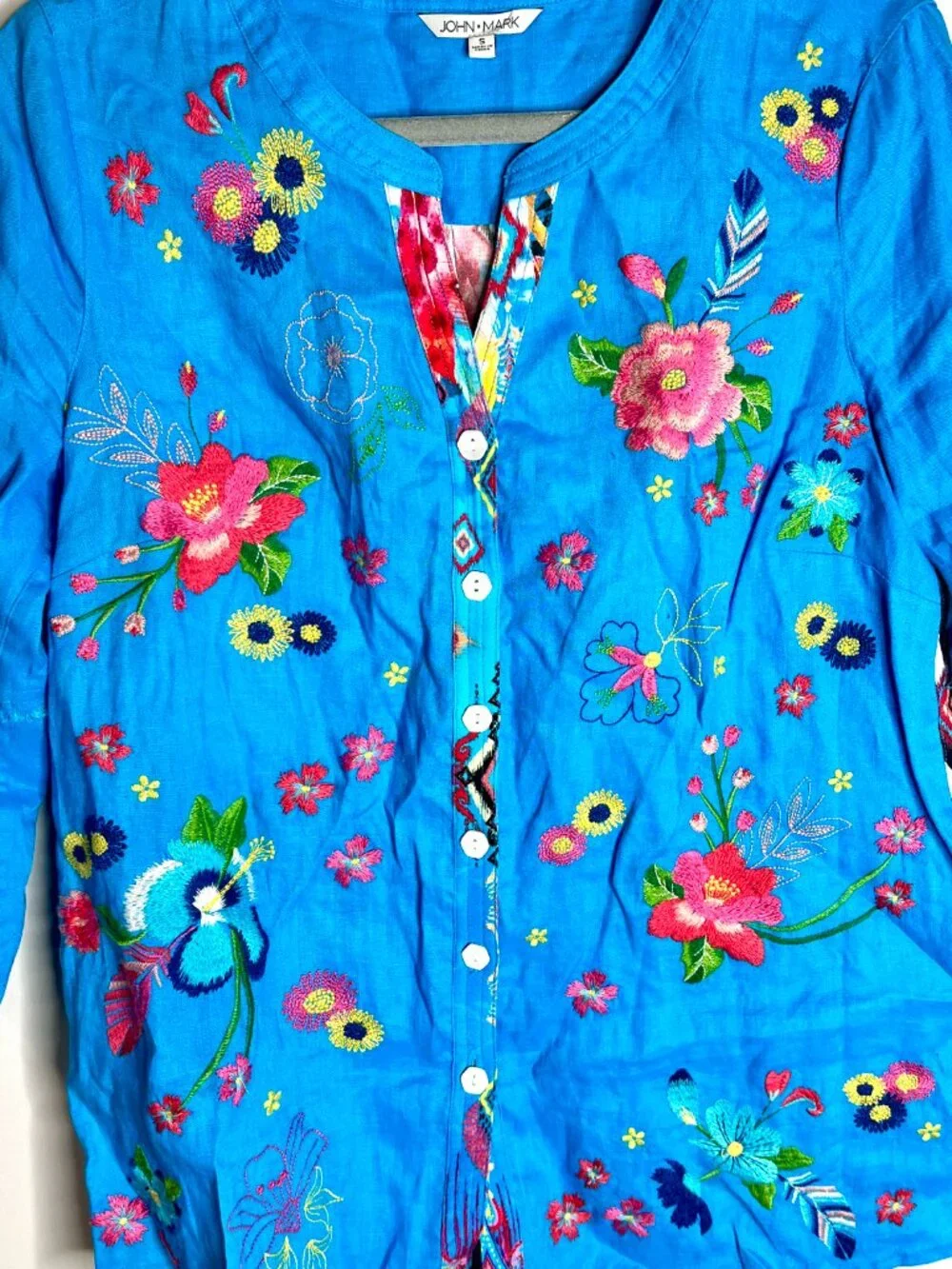 John Mark Turquoise Floral Embroidered Tunic Bohemian Colorful Artsy Button-Up S - Picture 5 of 7